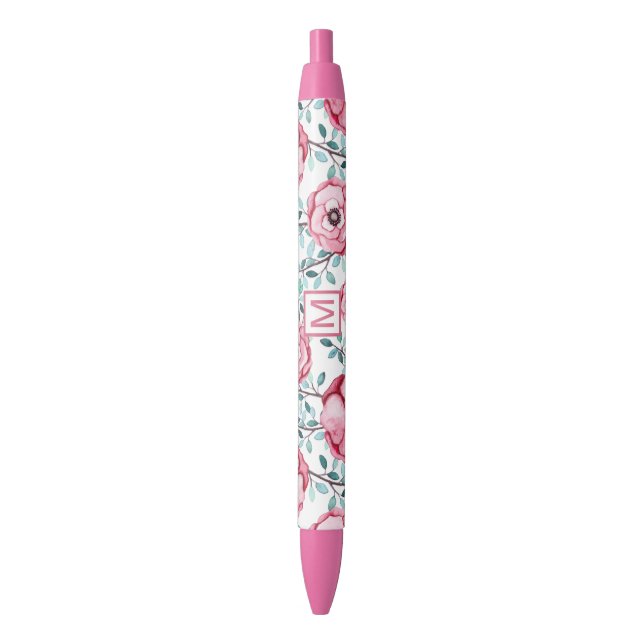 Pretty Floral Pink Monogram Black Ink Pen (Front Vertical)
