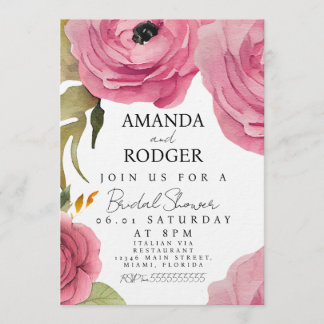 Pretty Floral Pink Watercolor Roses Bridal Shower Invitation