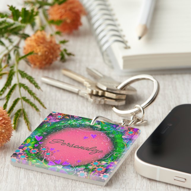 Pretty Floral Pink Your One Word Inspirivity  Key Ring (Front Right)