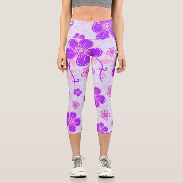 Pretty Floral Print Purple and Pink on Lavender Capri Leggings (Front)