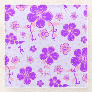 Pretty Floral Print Purple and Pink on Lavender Glass Coaster