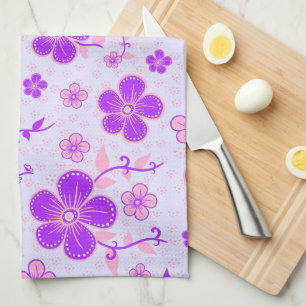 Pretty Floral Print Purple and Pink on Lavender Tea Towel