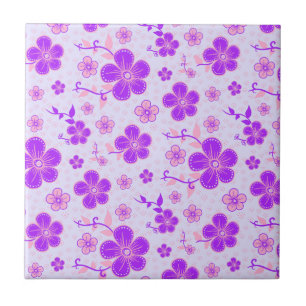 Pretty Floral Print Purple and Pink on Lavender Tile