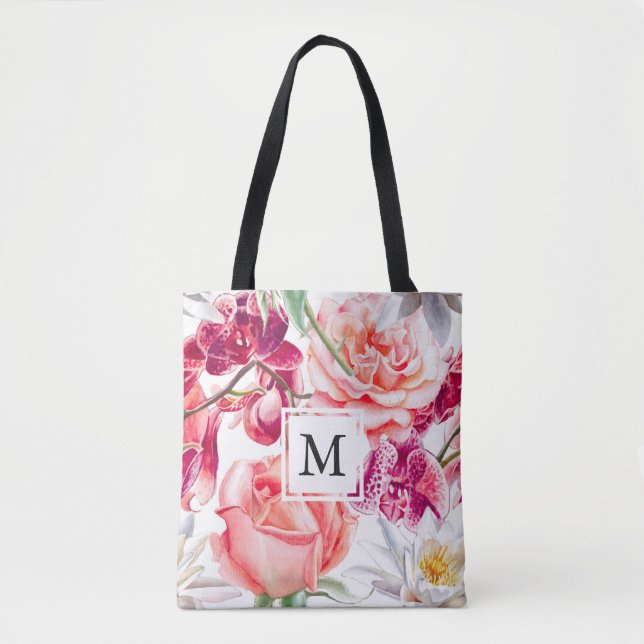 Pretty Floral Print with Monogram Tote Bag (Front)