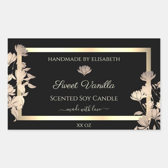 Pretty Floral Product Packaging Labels Black Gold (Front)