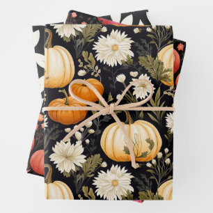 Pretty Floral Pumpkin Pattern Wrapping Paper Sheet