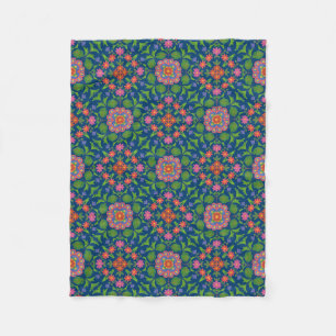 Pretty Floral Rangoli on Deep Blue Fleece Blanket