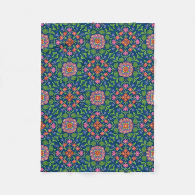 Pretty Floral Rangoli on Deep Blue Fleece Blanket (Front)