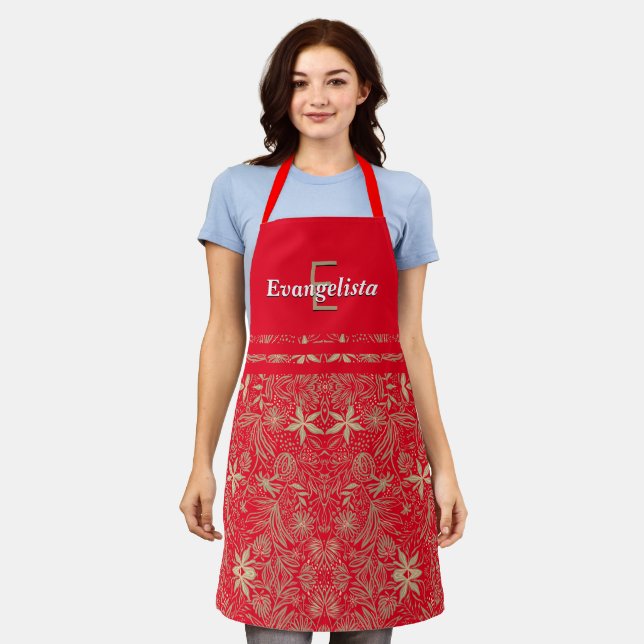 Pretty | Floral Red | Monogram Personalised Apron (Worn)