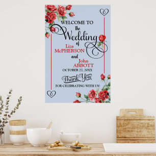 Pretty Floral Red Roses Wedding Welcome Poster