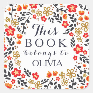 Pretty Floral Red White This Book Belongs Stickers