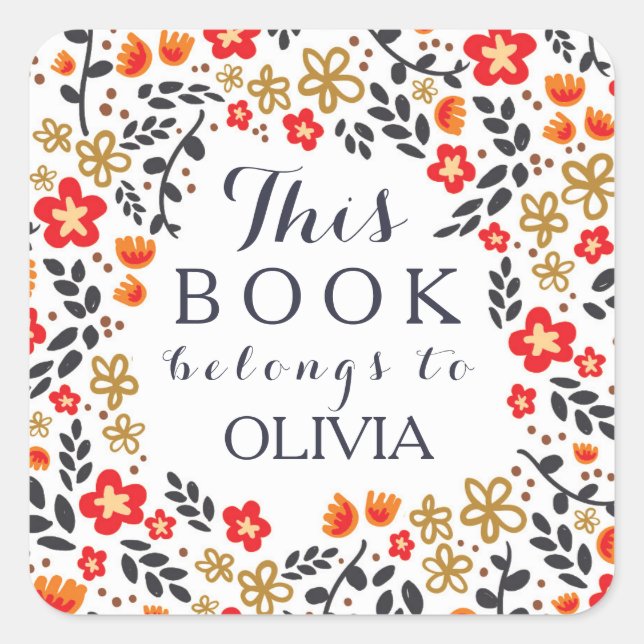 Pretty Floral Red White This Book Belongs Stickers (Front)