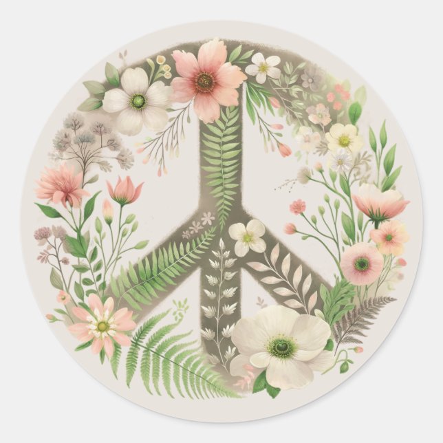 Pretty Floral Retro "Bloom in Peace" Peace Sign Classic Round Sticker (Front)