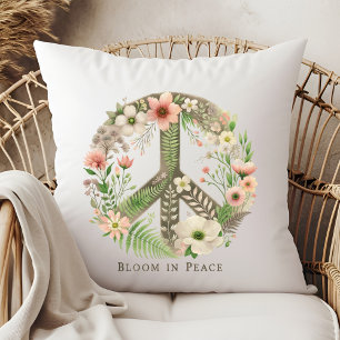 Pretty Floral Retro "Bloom in Peace" Peace Sign Cushion