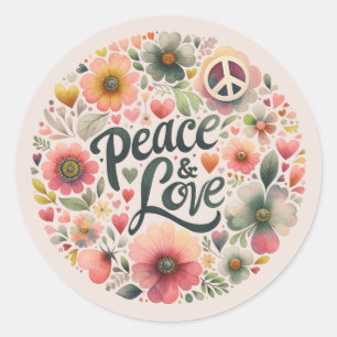Pretty Floral Retro Peace & Love Classic Round Sticker