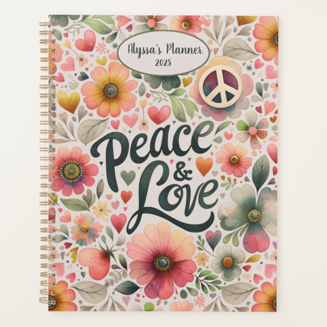Pretty Floral Retro Peace & Love Year Planner (Front)