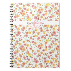 Pretty Floral Rose Pattern with Name Monogram Notebook