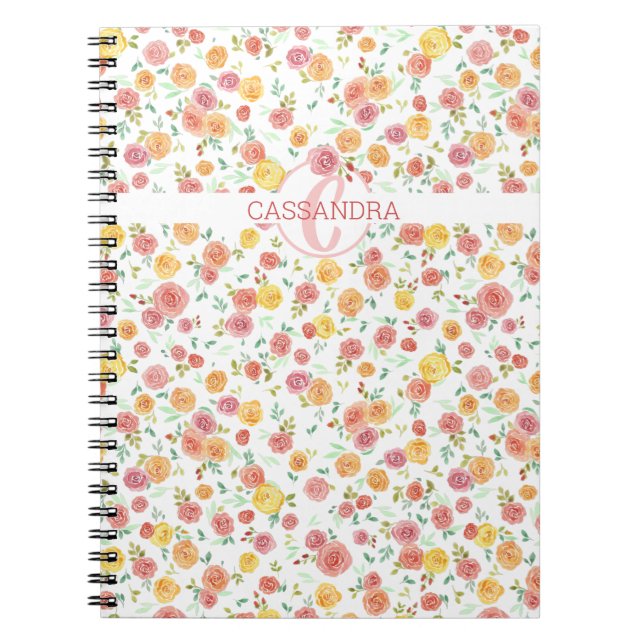 Pretty Floral Rose Pattern with Name Monogram Notebook (Front)