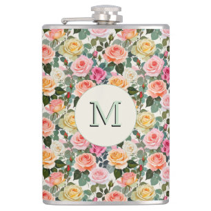 Pretty Floral Roses Botanical Flowers Monogrammed Hip Flask