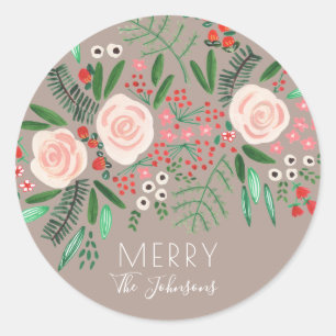 Pretty Floral Roses Christmas Holiday Classic Round Sticker