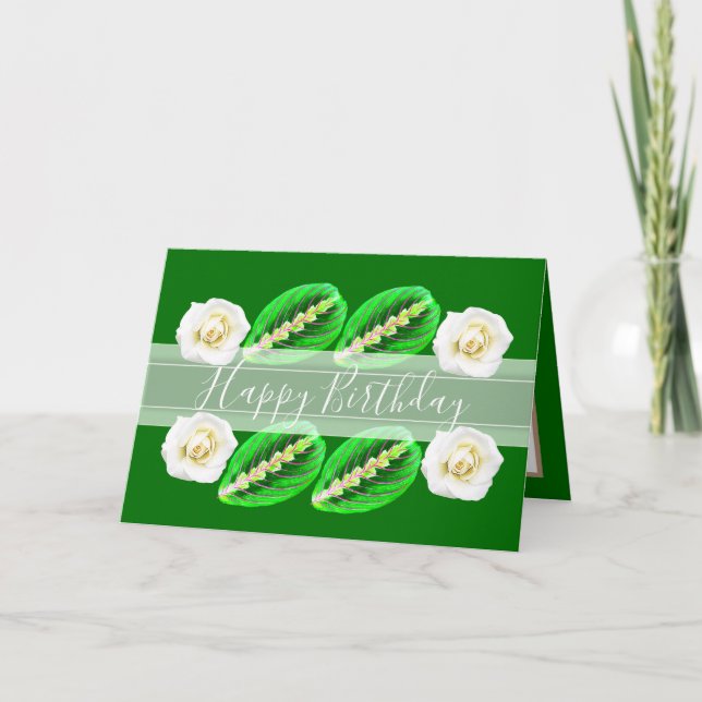 Pretty Floral Roses Leaves Flowers Green Birthday Card (Front)