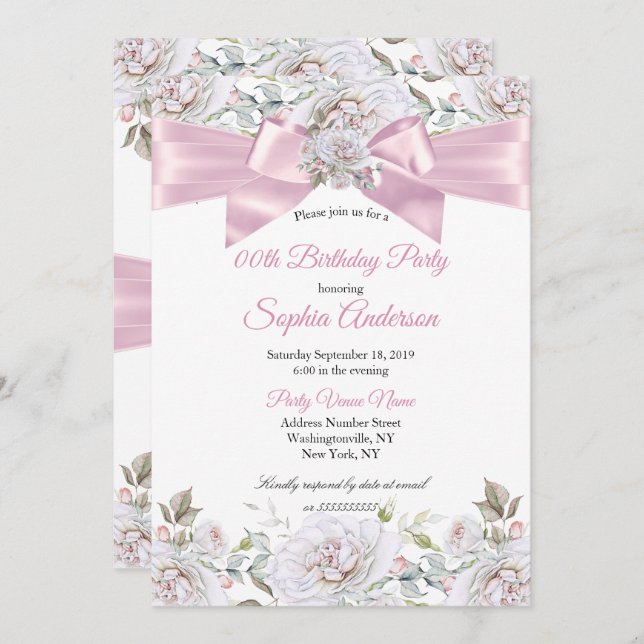 Pretty Floral Roses Pink White Birthday Party Invitation (Front/Back)