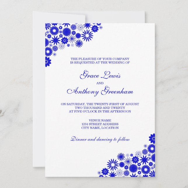 Pretty Floral Royal Blue Wedding Invitation (Front)
