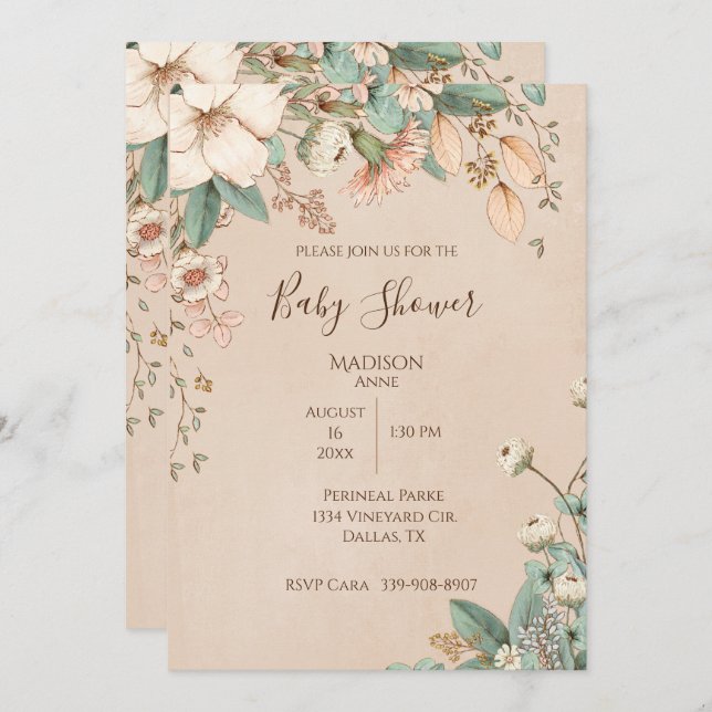 Pretty Floral Script Elegant Gender Neutral Baby Invitation (Front/Back)