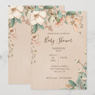 Pretty Floral Script Elegant Gender Neutral Baby Invitation
