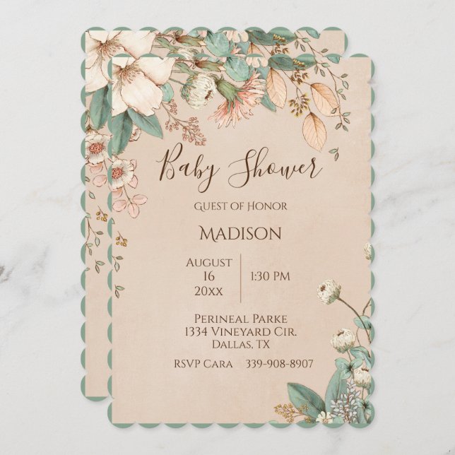 Pretty Floral Script Typography Modern Baby Invitation (Front/Back)