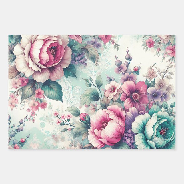 Pretty Floral Shabby Chic Birthday  Wrapping Paper Sheet (Front)
