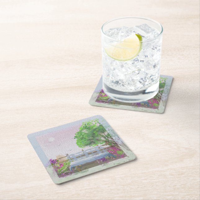 Pretty Floral Sitting Scenery By The Sea Square Paper Coaster (Insitu)