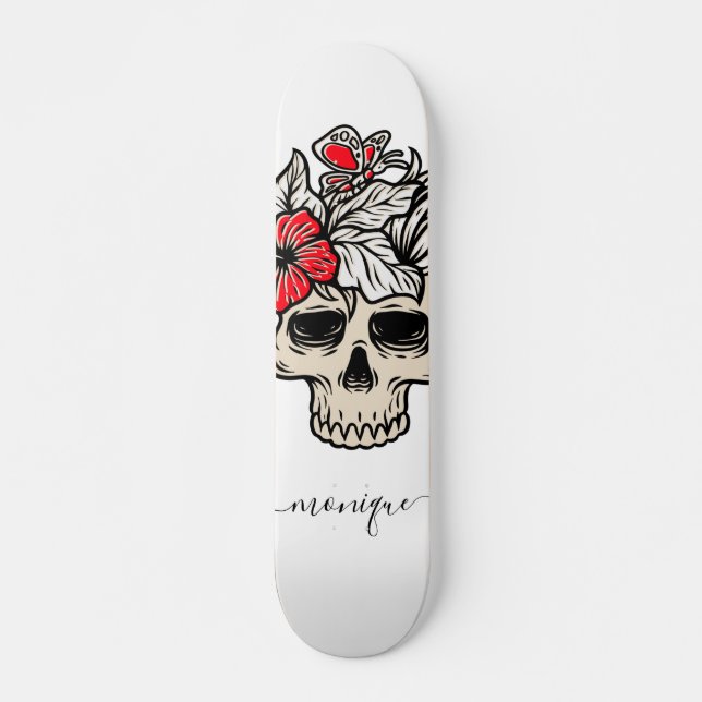 Pretty Floral Skull Gothic Skeleton Trendy Name Skateboard (Front)