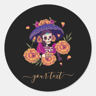 Pretty Floral Skull Skeleton &Elegant Name Festive Classic Round Sticker
