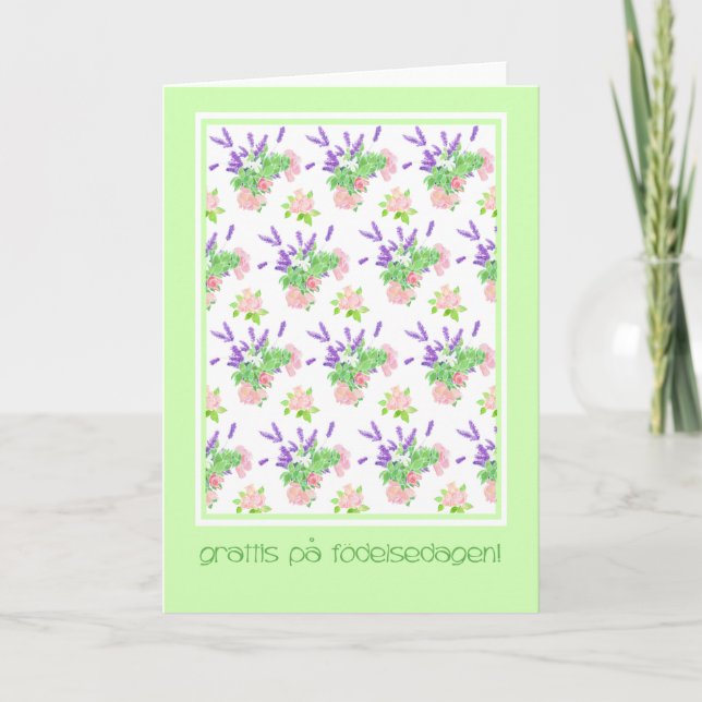 Pretty Floral Swedish Language Greeting Birthday Card (Front)