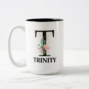 Pretty Floral T monogrammed initial Two-Tone Coffee Mug