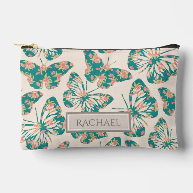 Pretty Floral Teal Butterfly Pattern Personalised Accessory Pouch (Front)