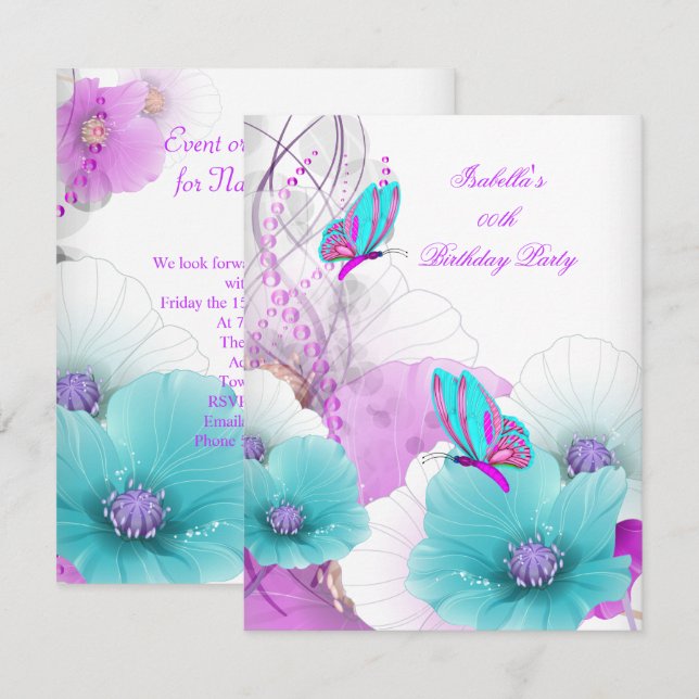 Pretty Floral Teal Pink Butterfly Birthday Party Invitation (Front/Back)