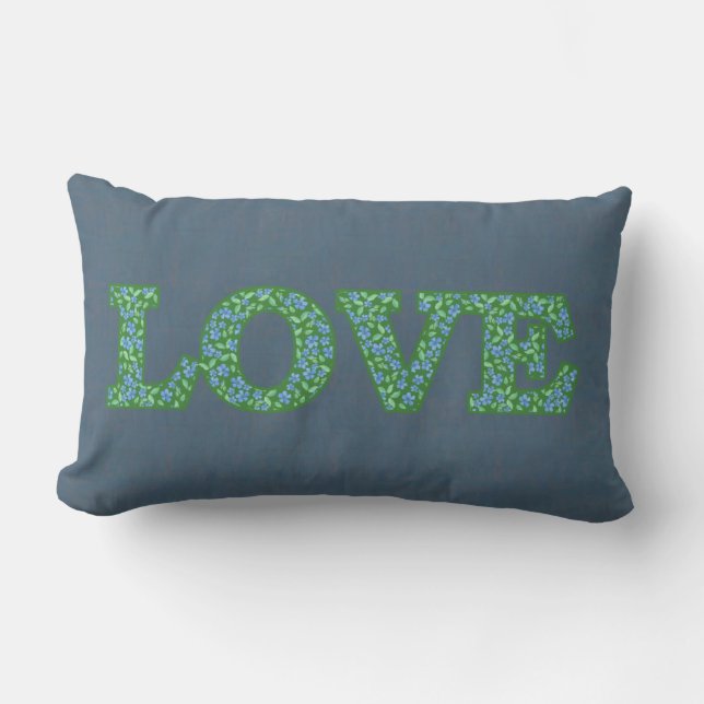 Pretty Floral Text Love on Denim Blue Background Lumbar Cushion (Front)