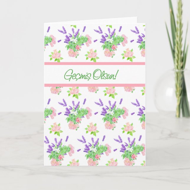 Pretty Floral Turkish Language Greeting Get Well Card (Front)