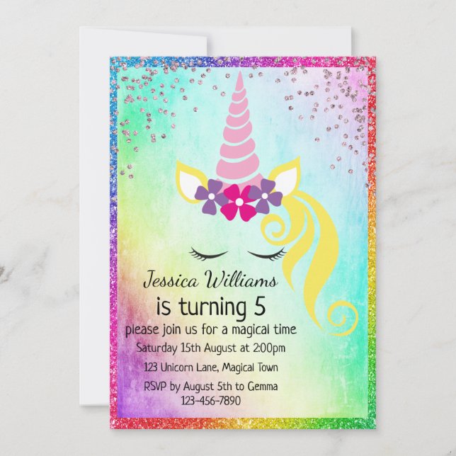 Pretty Floral Unicorn, Glittery Girl´s 5th Party Invitation (Front)