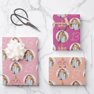 Pretty Floral Unicorn Photo Birthday  Wrapping Paper Sheet