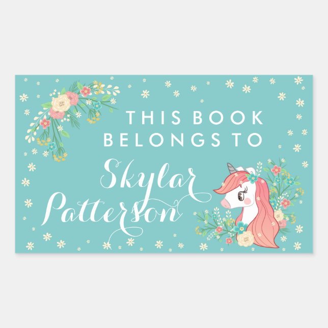 Pretty Floral Unicorn This Book Belongs To Rectangular Sticker (Front)
