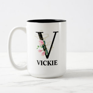 Pretty Floral V monogrammed alphabet Two-Tone Coffee Mug