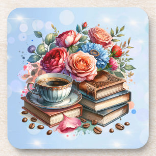 Pretty Floral Vintage Books and Coffee  Christmas Coaster
