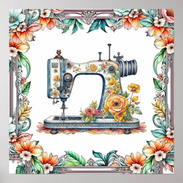 Pretty Floral Vintage Sewing Machine and Flowers Poster (Front)