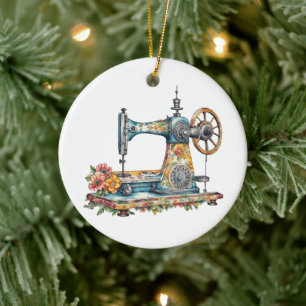 Pretty Floral Vintage Sewing Machine Christmas Ceramic Tree Decoration