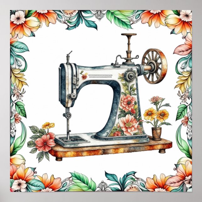 Pretty Floral Vintage Sewing Machine  Poster (Front)