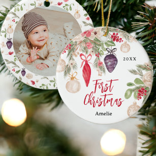 Pretty floral watercolor baby first Christmas  Ceramic Tree Decoration