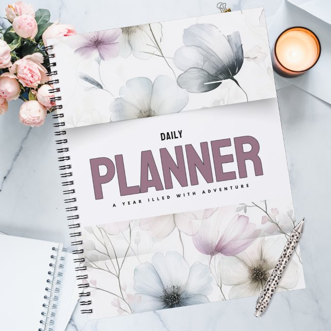 Pretty Floral Watercolor Blooms Planner (Watercolor floral daily planner in soft blue and pink, yearly calendar for adventure seekers.)